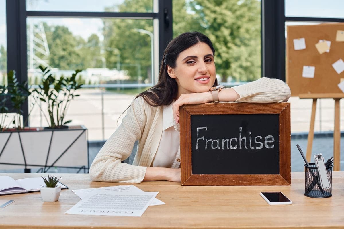 Woman Posing with Franchise Sign in Office Setting